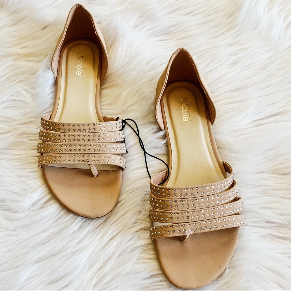 Nicole Rhinestoned Open Toed Pink Flats Size7